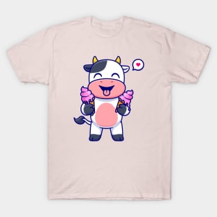 Cute Cow Holding Ice Cream Cartoon T-Shirt